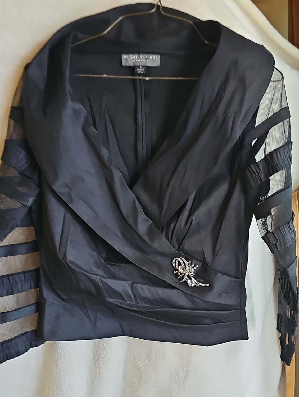 NY Collection Black Wrap-Front Blouse with Sheer Striped Sleeves and Brooch